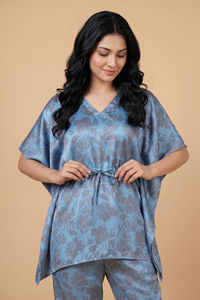Zivame Satin Kaftan Loungewear Set - Glacier lake — thumbnail 3